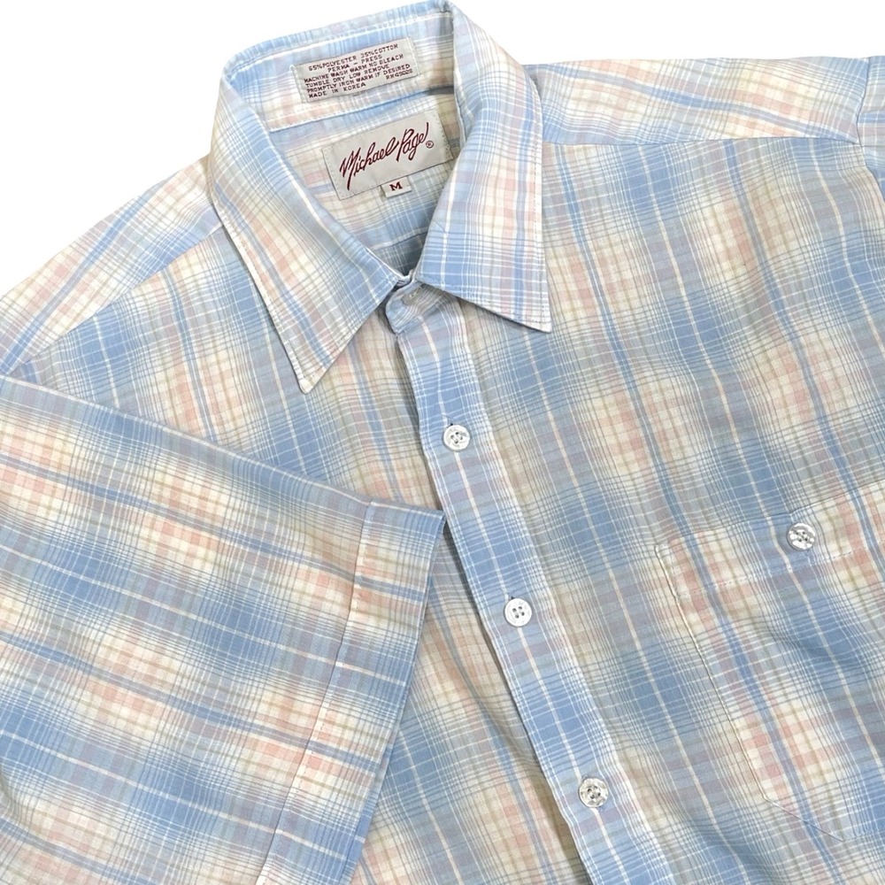 Vintage Michael Page Plaid Button Up Camp Shirt Mens M Blue Perma Press 70s